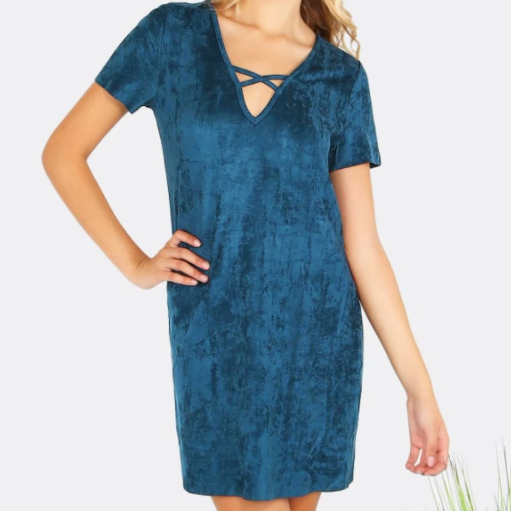 Navy Blue Short Sleeve Faux Suede Dress